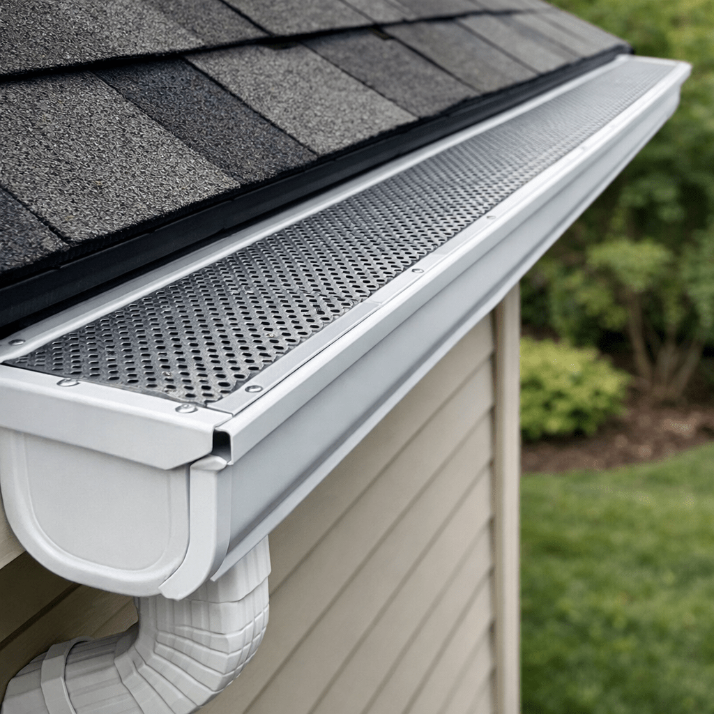 Metal gutter guard covering a white rain gutter beneath asphalt shingles