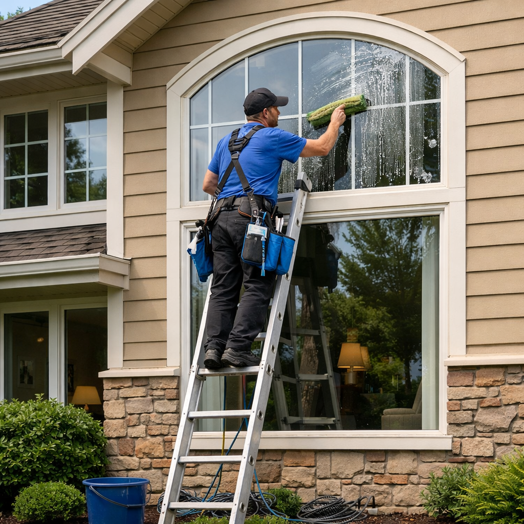 Professional window cleaning on residential home