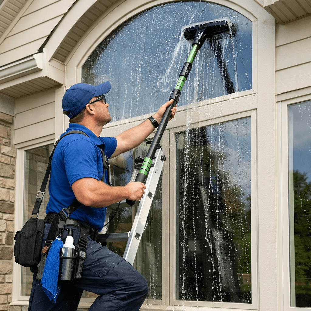 Man cleaning a large arched window using a water-fed cleaning pole while standing on a ladder